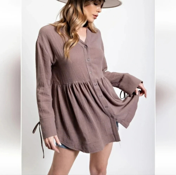 New! Easel Mocha Button Down Long Sleeve Cotton Tunic Top - Picture 2 of 6